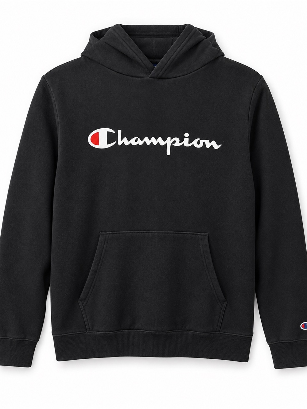 Champion Black Hoodie with White Logo and Red Accent